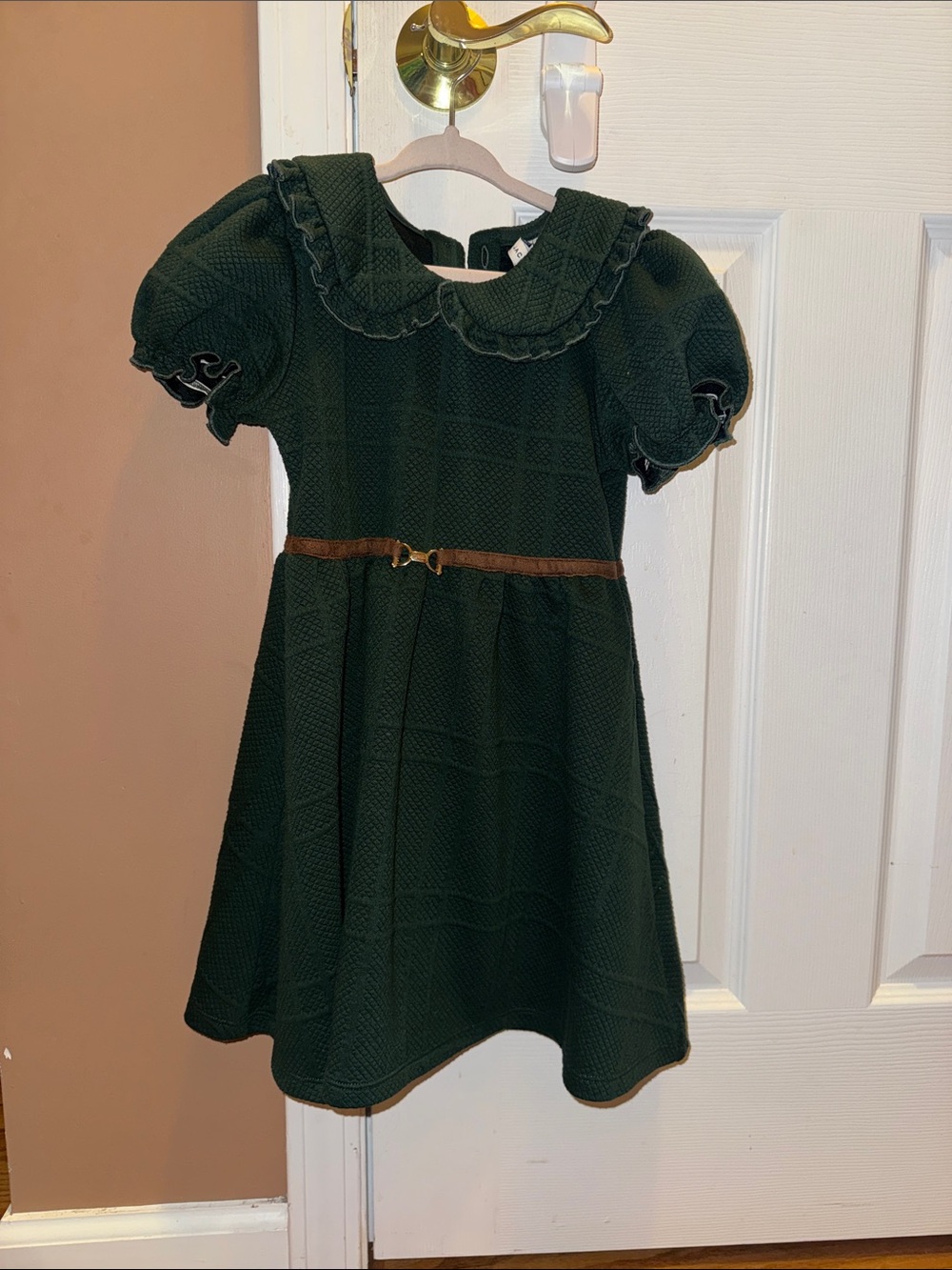 Classic Green Peter Pan Collar Kids Dress with Belt